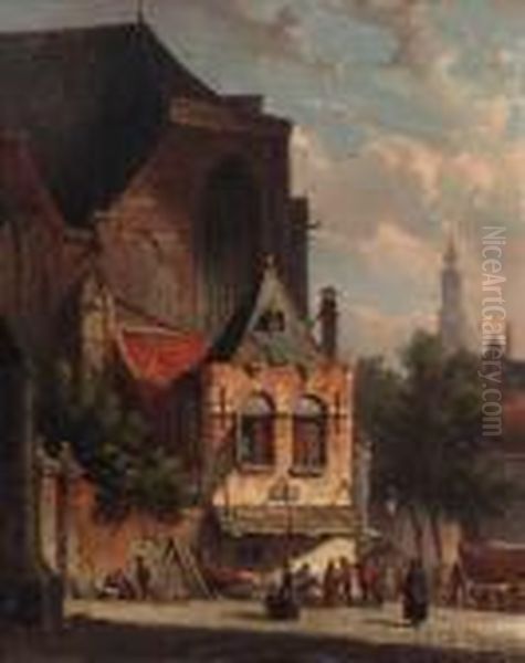 Numerous Townsfolk Visiting A Market On A Church Square Oil Painting by Adrianus Eversen