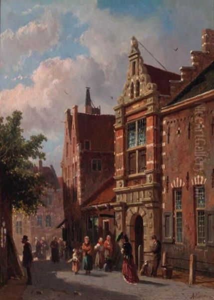 Elegant Figures In A Sunlit Street Oil Painting by Adrianus Eversen