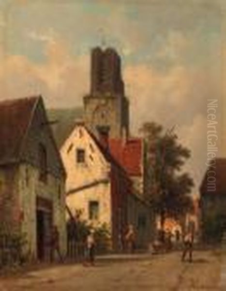 A Street In A Small Village Oil Painting by Adrianus Eversen