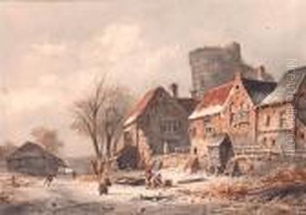 A Snow-covered Village With Figures On A Frozen Waterway Oil Painting by Adrianus Eversen