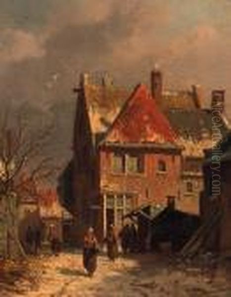 A View In A Street In Winter Oil Painting by Adrianus Eversen