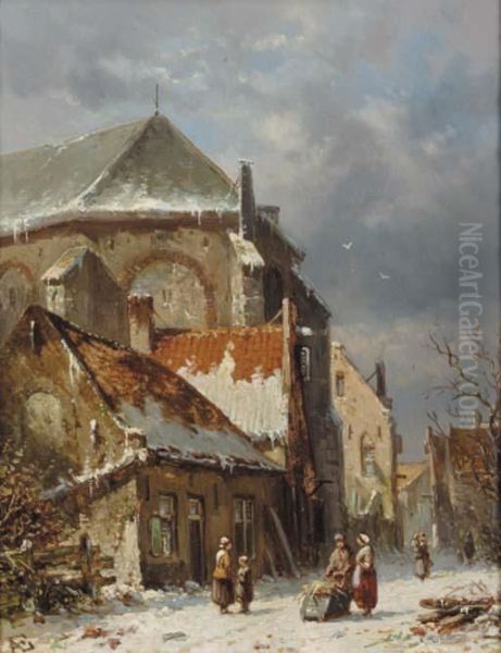 A Sunny Day In Winter Oil Painting by Adrianus Eversen