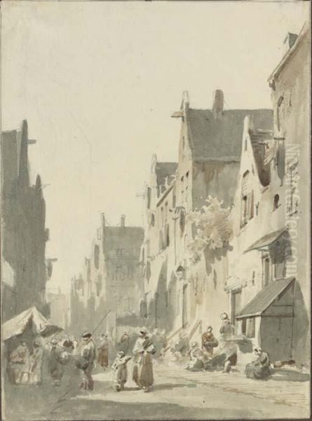 View Of A Street In A Town Oil Painting by Adrianus Eversen