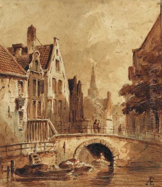 The Grimnessesluis, Amsterdam, 
The Oude Kerk Beyond (recto); Astudy Of Figures By Buildings (verso) Oil Painting by Adrianus Eversen