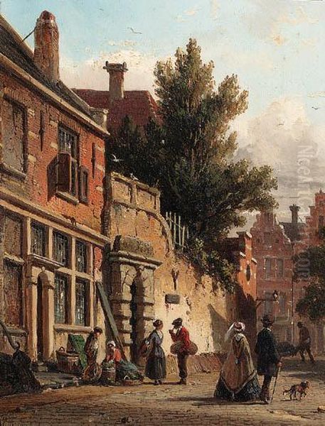 A Town View With A Man Selling Vegetables And A Couple Passingby Oil Painting by Adrianus Eversen