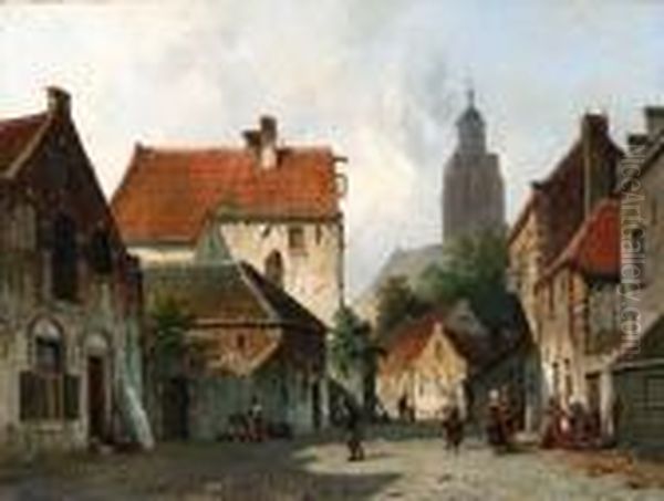 View Of A Town With Figures In A Sunlit Street Oil Painting by Adrianus Eversen