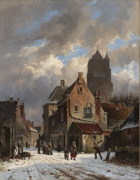 Figures In A Snowy Village Street Oil Painting by Adrianus Eversen