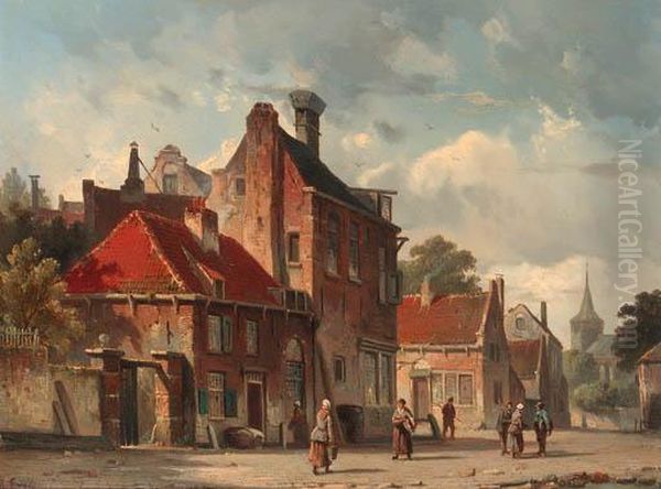 View Of A Town With Figures In A Sunlit Street Oil Painting by Adrianus Eversen