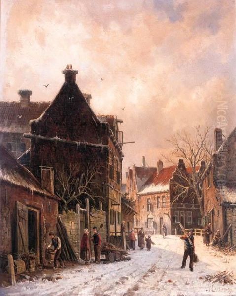 A Village Street In Winter Oil Painting by Adrianus Eversen