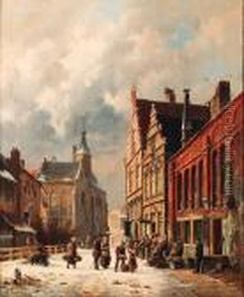 A View In A Town In Winter Oil Painting by Adrianus Eversen