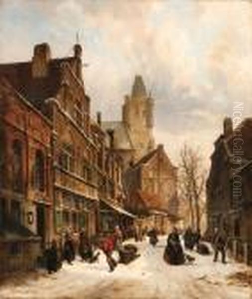 A Winter Street Scene Oil Painting by Adrianus Eversen