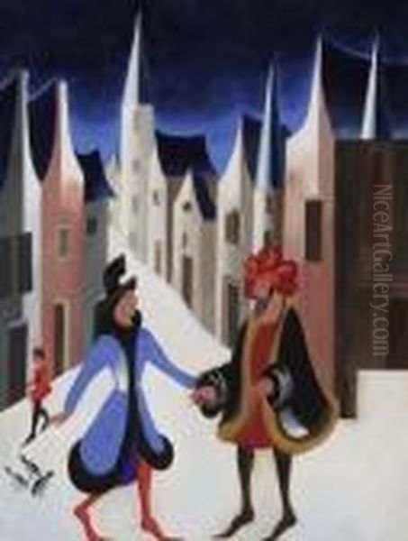 Figures In A Medieval Street Oil Painting by Alexandra Alexandrov Exter