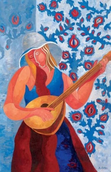 A Girl With A Mandolin Oil Painting by Alexandra Alexandrov Exter