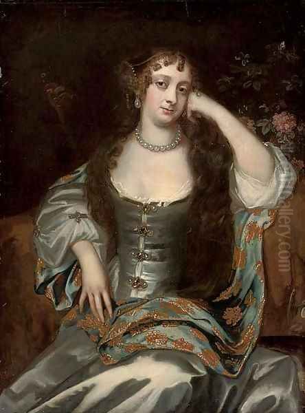 Portrait of a lady, three-quarter-length, seated in an oyster satin dress Oil Painting by Sir Peter Lely