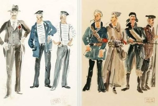 Group Of Men In Sailor Costume, And Group Of Men In Soldier Costume: Two Works Oil Painting by Alexandra Alexandrov Exter