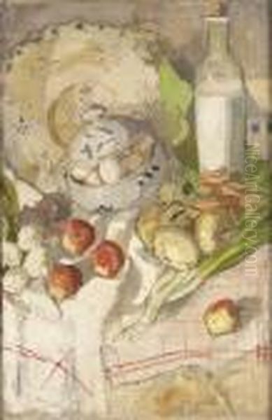 Still-life With Fruit, Vegetable, Bowl Of Eggs And Bottle Of Milk Oil Painting by Alexandra Alexandrov Exter