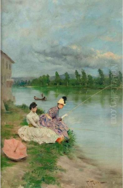 Dame A Pesca Lungo La Riva Del Fiume Oil Painting by Fabbio Fabbi