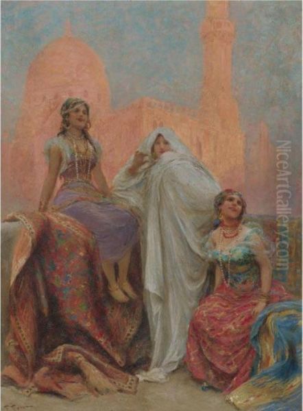 The Three Beauties Standing Before Al Rifa'i Mosque In Cairo Oil Painting by Fabbio Fabbi