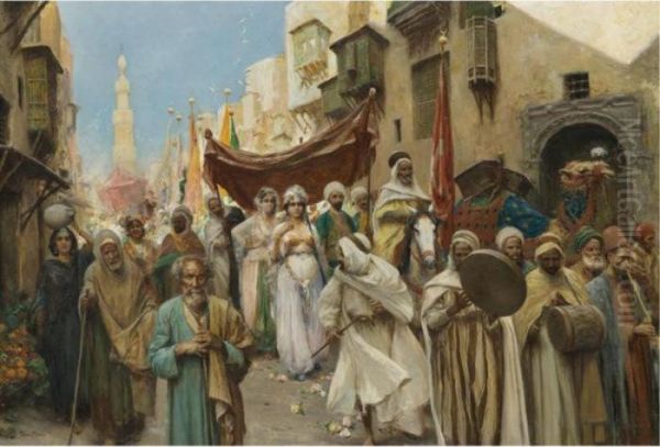 A Wedding Procession In Cairo Oil Painting by Fabbio Fabbi