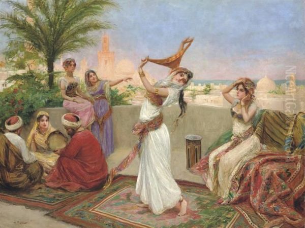 Oriental Dancers On A Roof Terrace Oil Painting by Fabbio Fabbi