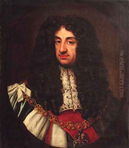 Portrait of Charles II, quarter-length, feigned oval Oil Painting by Sir Peter Lely