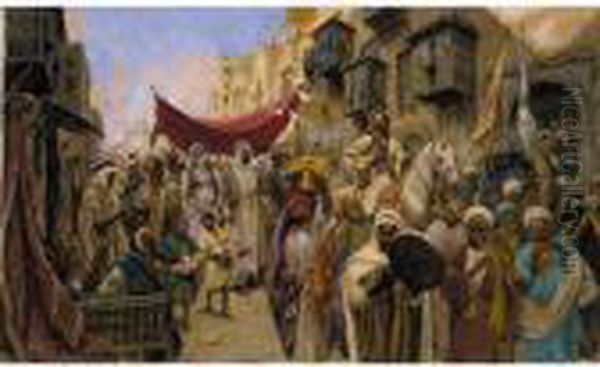 An Oriental Procession Oil Painting by Fabbio Fabbi