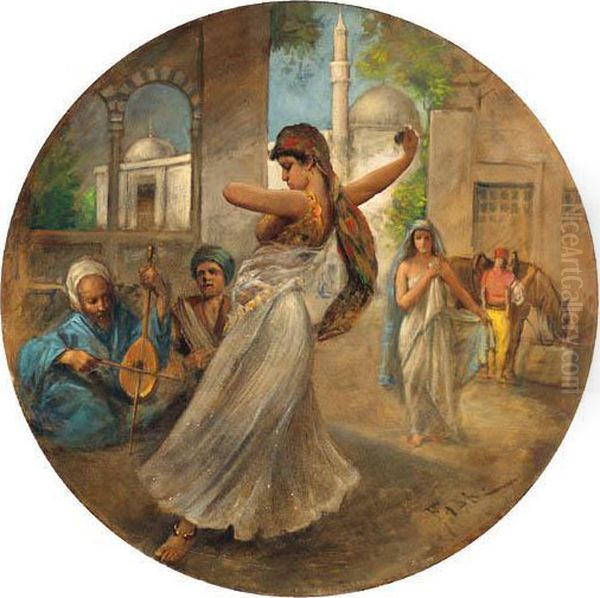 An Oriental Beauty Dancing Outside A Palace Oil Painting by Fabbio Fabbi