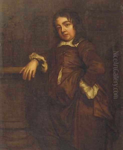 Portrait of a boy, small standing full-length, in a brown silk costume, his right arm resting on a baluster by a column, a garden beyond Oil Painting by Sir Peter Lely