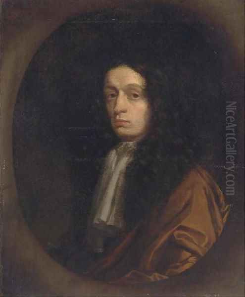 Portrait of a gentleman, bust-length, in a brown cloak and lace jabot, in a feigned oval Oil Painting by Sir Peter Lely