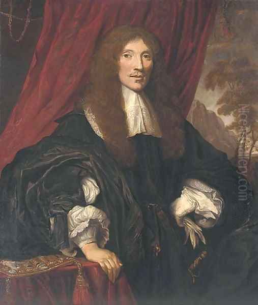 Portrait of a gentleman, half-length, in a black gown with lace collar and cuffs Oil Painting by Sir Peter Lely