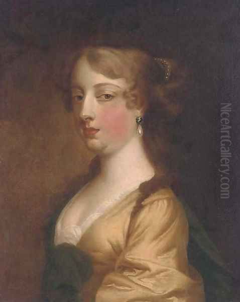 Portrait of a lady, bust-length, in a yellow dress and blue wrap Oil Painting by Sir Peter Lely