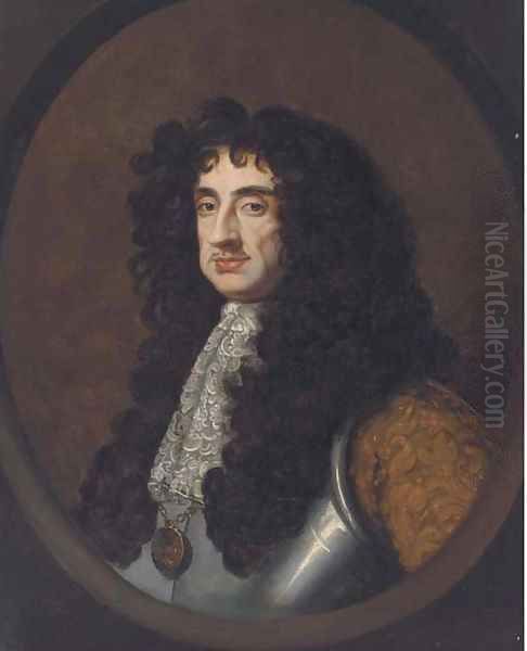 Portrait of King Charles II, bust-length, in a breast plate and lace cravat, feigned oval Oil Painting by Sir Peter Lely