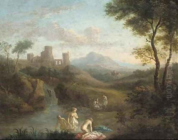 An Italianate landscape with nymphs bathing at a pool Oil Painting by Dirck van der B Lisse