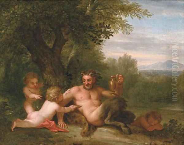 A wooded landscape with a satyr and two putti Oil Painting by Filippo Lauri