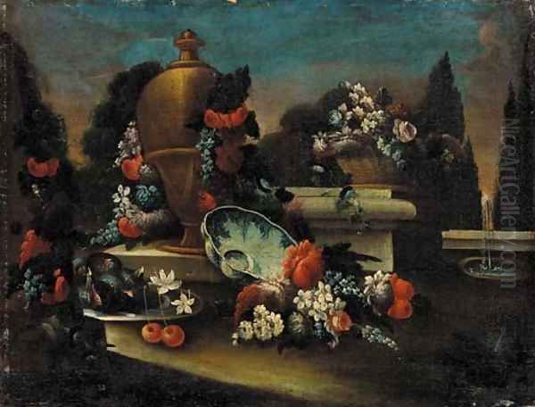 An urn with a garland of flowers, figs, cherries and flowers, in a landscaped park Oil Painting by Gasparo Lopez