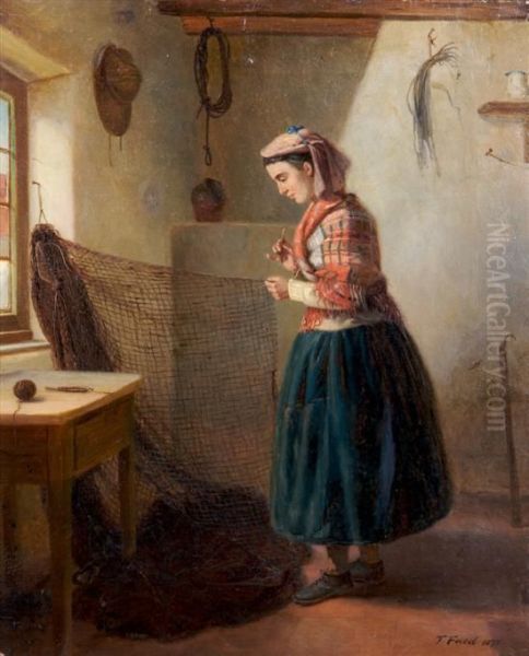 Girl Mending Fisherman's Net Oil Painting by Thomas Faed