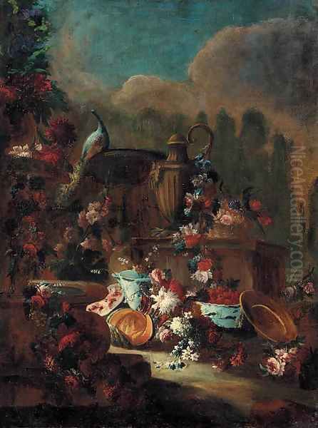 Flowers and fruit by an urn with a fountain and a peacock in a landscaped park Oil Painting by Gasparo Lopez