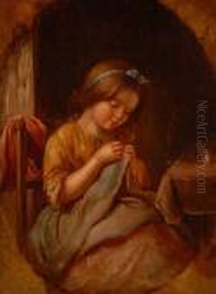 Young Girl Sewing Oil Painting by Thomas Faed