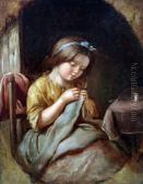 Girl Sewing Oil Painting by Thomas Faed