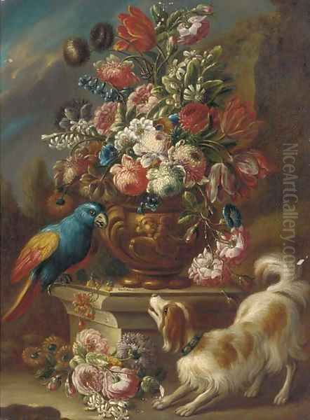 Mixed flowers in an urn on a pedestal with a parrot and a spaniel with other flowers on the ground, a landscape beyond Oil Painting by Gasparo Lopez