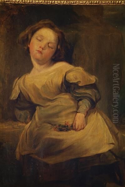 A Sleeping Flower Girl Oil Painting by Thomas Faed