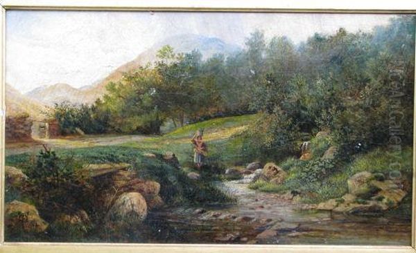 19th Century Oil On Canvas 
Depicting Lady Carrying Bucket In Stream With Wooded Hills Behind Oil Painting by Thomas Faed