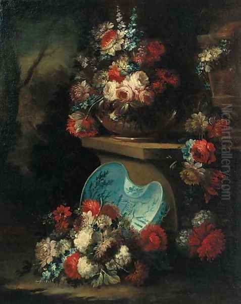 Roses, carnations and narcissi in a glass bowl on a stone ledge Oil Painting by Gasparo Lopez