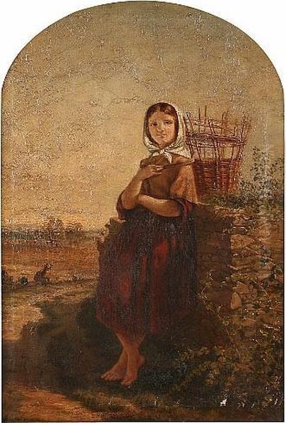 A Young Girl Resting Before A Landscape Oil Painting by Thomas Faed