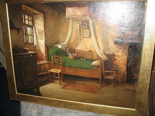 A Bedroom Interior Oil Painting by Thomas Faed