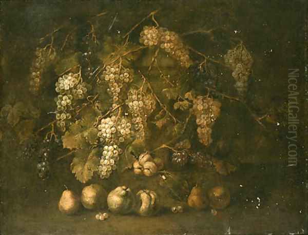 A Grapevine by a stone Plinth with Pears and Peaches on the Ground Oil Painting by Gilardo Da Lodi