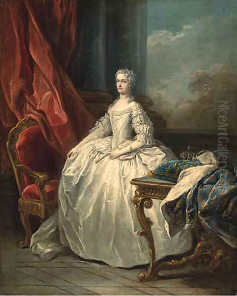 Portrait of Marie Leczinska, Queen of France (1703-1768), full-length, in a white dress, beside a table with a crown on a cushion Oil Painting by Carle van Loo