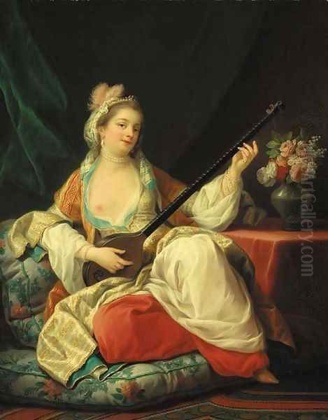 A sultana, reclining on a cushion, playing a lute Oil Painting by Carle van Loo