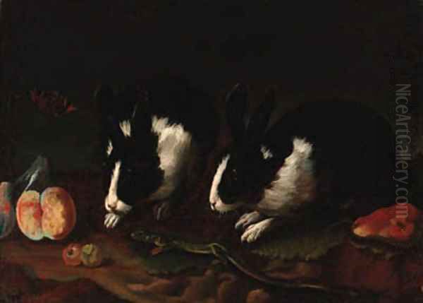 Rabbits Oil Painting by Francesco Fernandi, Called L'Imperiali