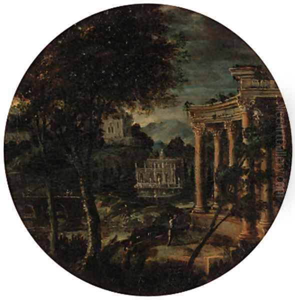 Figures before classical ruins in an extensive landscape Oil Painting by Hendrik Frans Van Lint